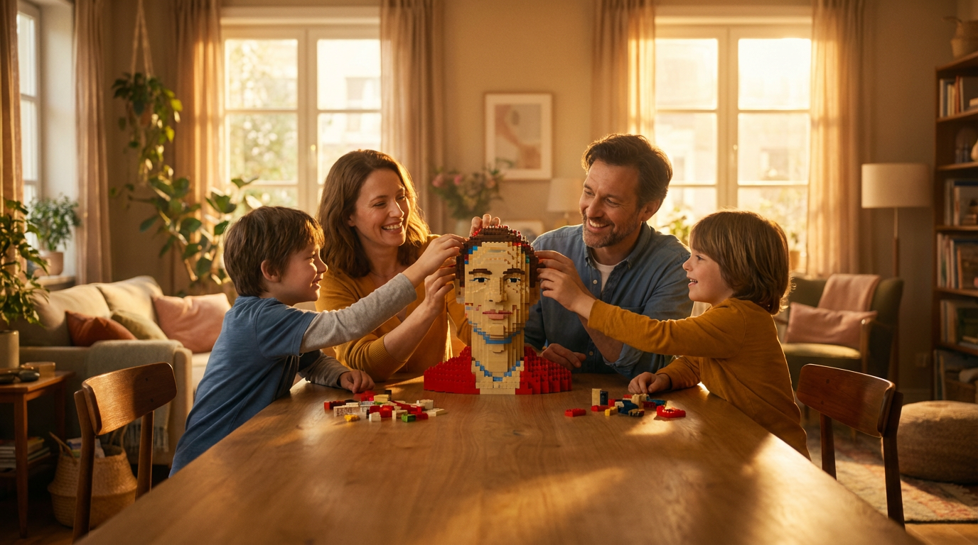 Famiglia costruisce insieme una statua 3D di mattoncini raffigurante il volto di un ragazzo, in salotto